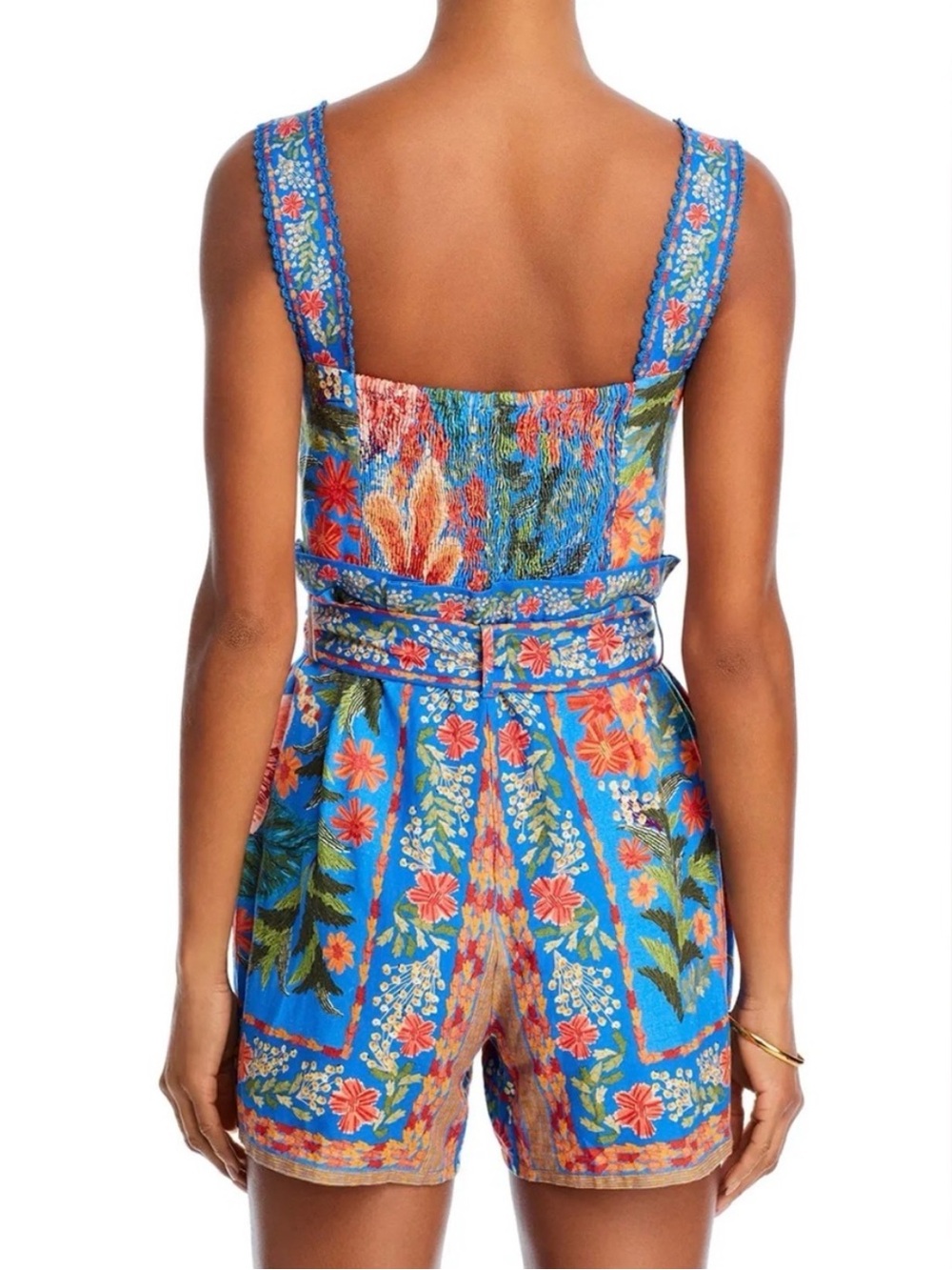 Farm Rio Blue Floral Button-Front Romper with Tie Waist - Picture 2 of 9